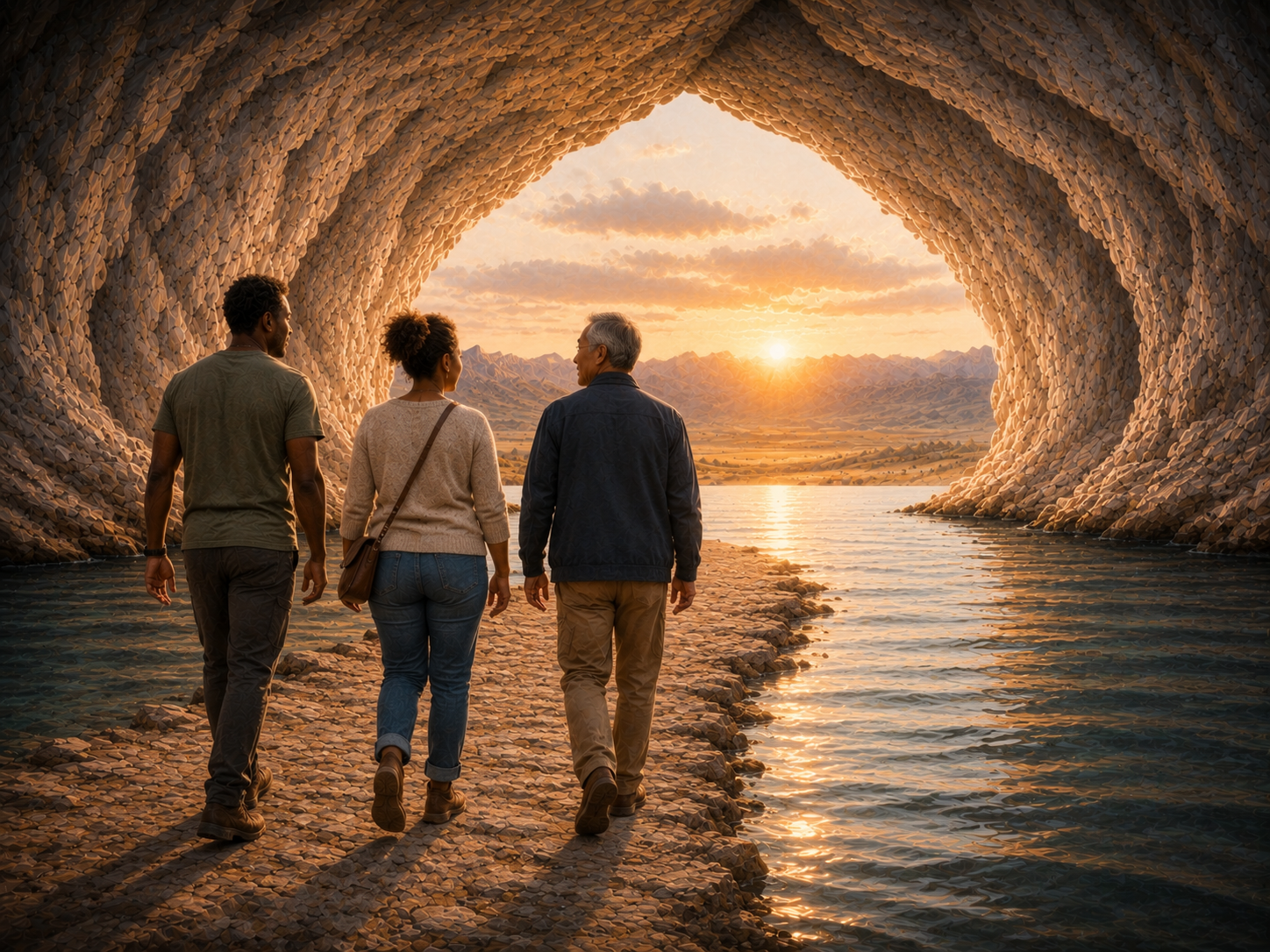 Warm light over still water inside a cave passage