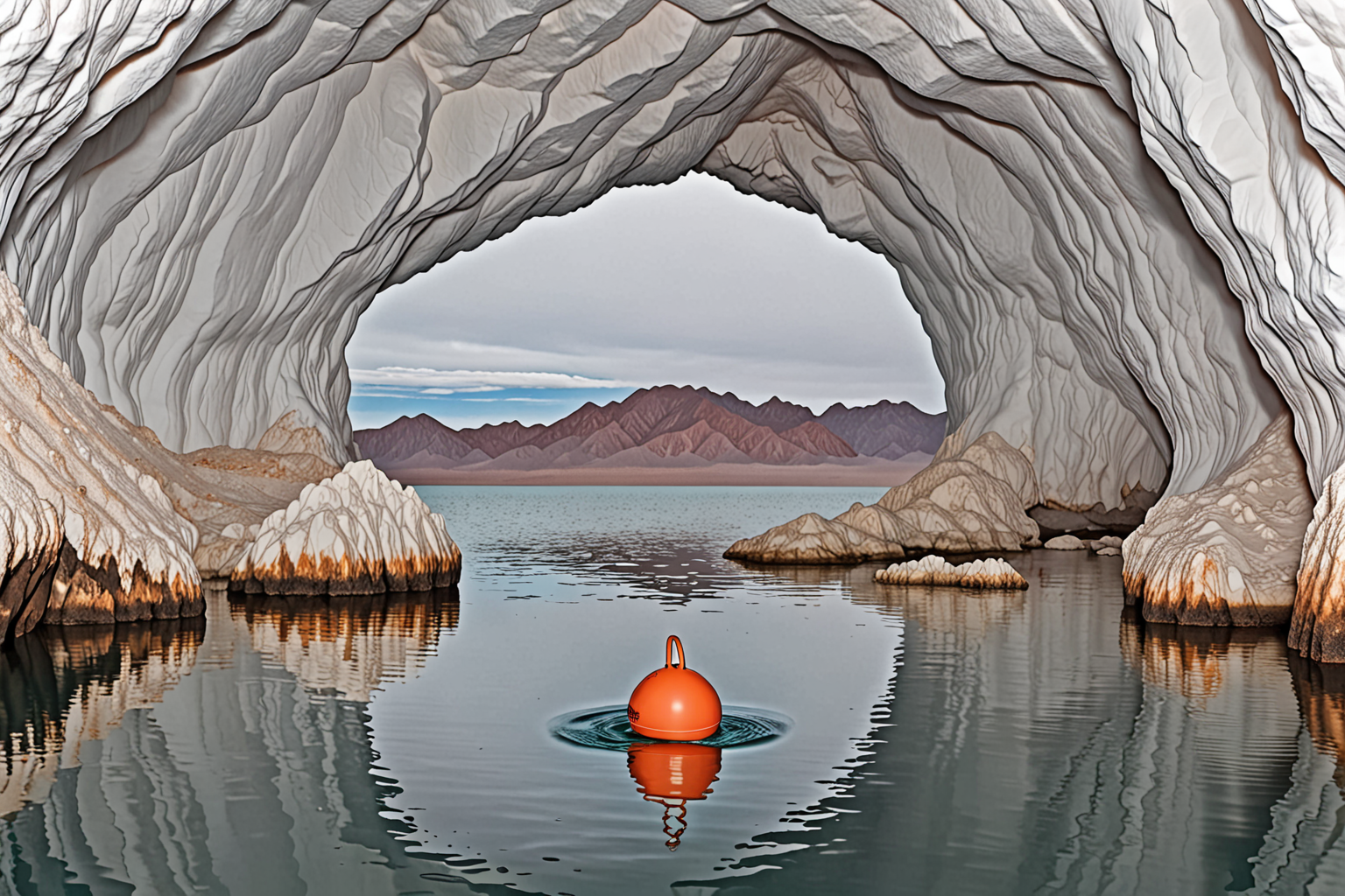 An orange buoy floating in a cave passage with mountains in the distance
