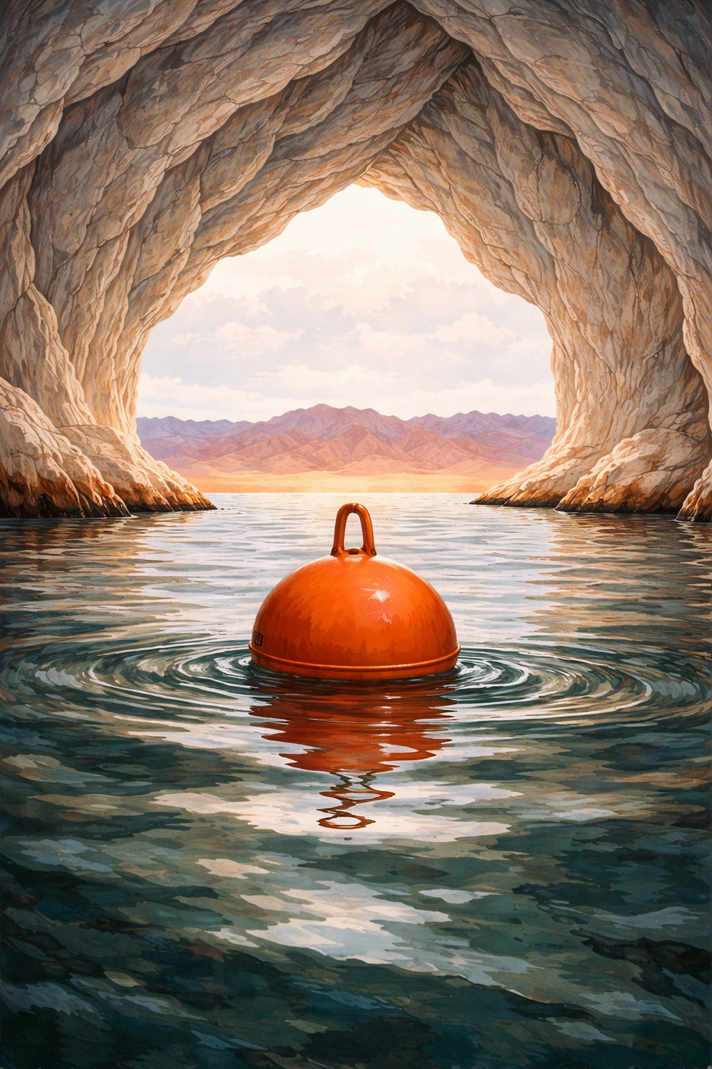 A bright orange buoy floating in still water inside a cave, with mountains visible through the opening