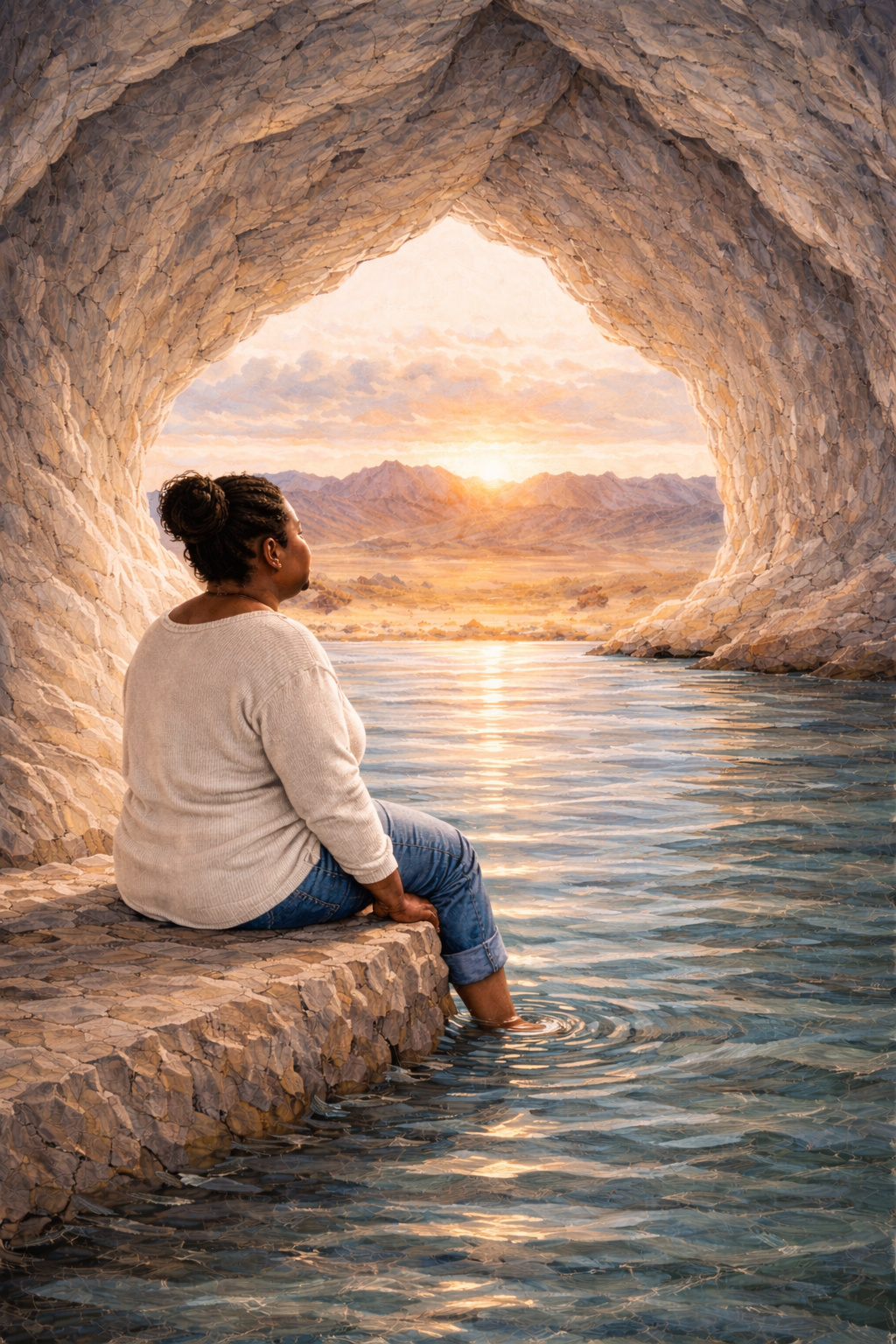 A person sitting at the edge of a cave looking out over water toward a warm sunset